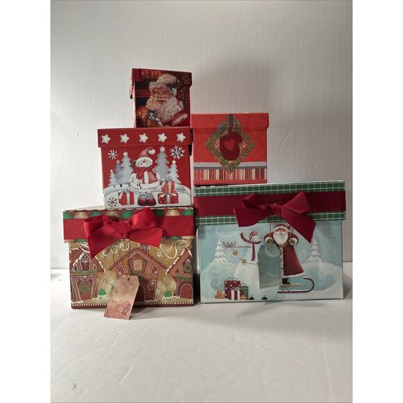 Lot of 5 Nesting Christmas Gift Boxes Small Square Holiday Decorative Boxes - Picture 1 of 16